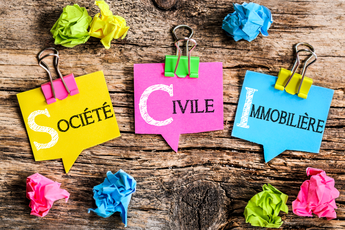 SCI Pinel - Papier en forme de bulles colorées avec l'acronyme français "Société Civile Immobilière"