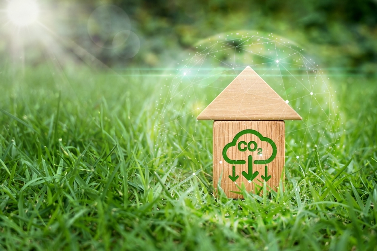 pinel classique vs pinel plus – une petite maison en bois dans l’herbe avec un symbole CO2 direction la terre